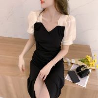 ✒ Short Sleeve Black Dress Hepburn Style Summer French Style Temperament High Waist Slit Little Black Dress