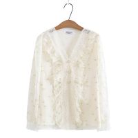 【มีไซส์ใหญ่】Plus Size Womens V-neck Chiffon Spring Autumn Blouses Long Sleeved Floral Printed Lace Ladies Office-wear Muslimah Fashion Tops