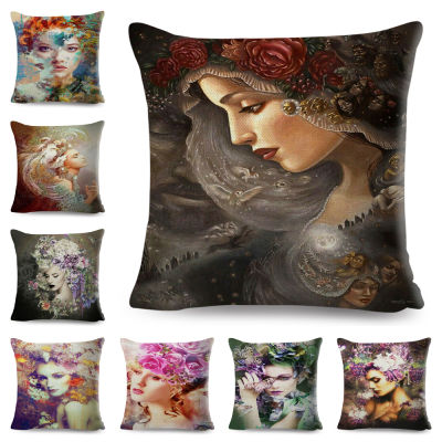 Vintage Style Cartoon Flower Girl Art Pillow Case Decor Elegant Woman Cushion Cover for Sofa Polyester Pillowcase 45x45cm