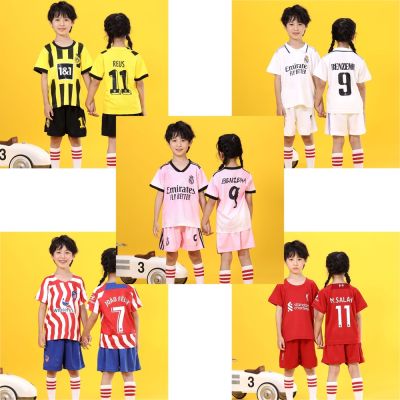 22 23 New Season R-Madrid Benzema Reus Salah Jersey for Kids Top Shorts One Set Boys Girls Football Clothes