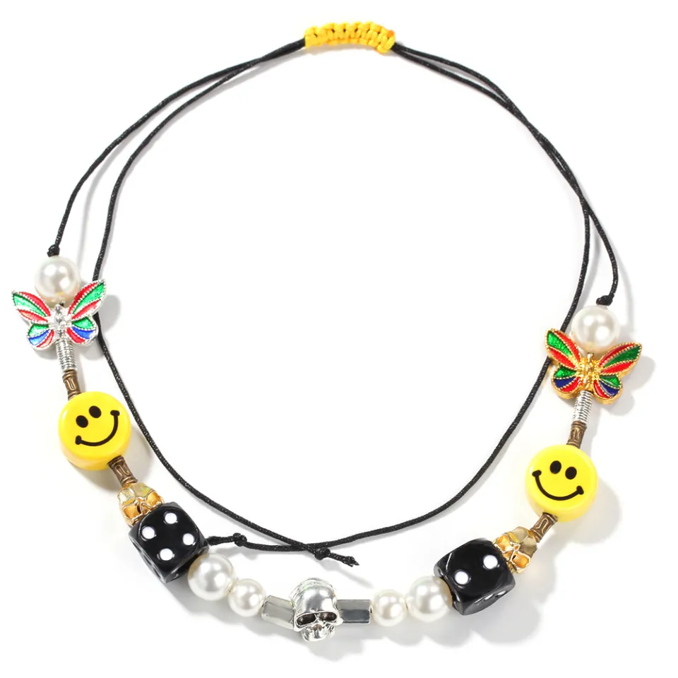 ROCKY Wu Yifan necklace hip-hop personality dice Pearl butterfly skull  smiley face necklace