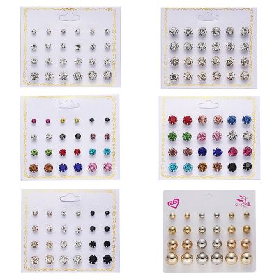 12 Pairs Set Combination Stud Earrings Fashion Korean Imitation Zircon Earring Pearl Diamond Ear gifts Factory Wholesale