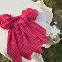 Summer Rose Pink Plaid Bow Dress Elegant Lolita Child Girls Dress Children Dresses Teens Party Princess Sundress Kids Clothes  by Hs2023