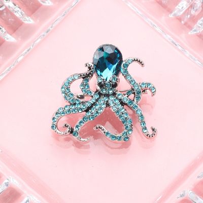 Octopus Enamel Pin Blue Rhinestones Octopus Brooches Pins For Women Men Cute Sea Animal Crystal Jewelry Accesseries Gift