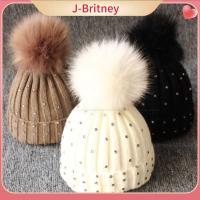 ลูกกลมคู่สำหรับทารกกลางแจ้ง J-BRITNEY หมวกถักขนสัตว์หมวกเด็กอ่อนคริสตัลเพชร