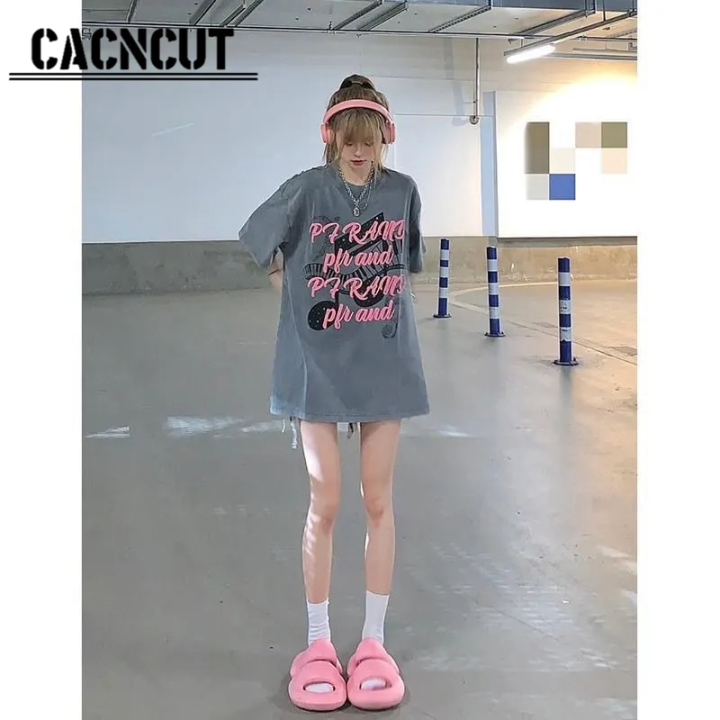 cacncut-เสื้อยืดแขนสั้นสำหรับผู้หญิง-เสื้อทรงหลวมสไตล์ยุโรปและอเมริกาสำหรับสตรีททรงหลวมอเมริกาแบบย้อนยุค