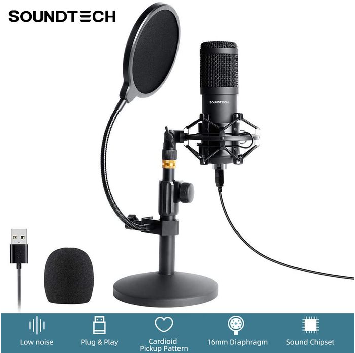 SOUNDTECH USB Microphone Condenser Stand Table Recording Streaming PC ...