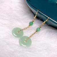 Hanfu Qipao Versatile Green Round Beads Safety Buckle Ear Thread Jade Hotan Jade Green Handmade Simple 14k Gold Package NQ9Y NQ9Y