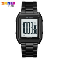 SKMEI 1879ผู้ชาย Dual Time นาฬิกาดิจิตอลสายสแตนเลส Backlight นาฬิกาปลุกนาฬิกาจับเวลา36มม. กว้าง50M Waterproof