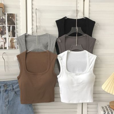 New Women Sexy Low-Collar Sleeveless Square Neck Camisole Tank Tops Solid Tank Top Female Summer With Pad Slim Bottomingtops