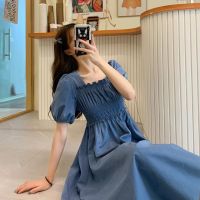 [40-85kg]2021 Summer New Korean Women Vintage baju kurung cotton Waist Waist Bubble Square Neck Short Sleeve Midi Dress 棉质连衣裙