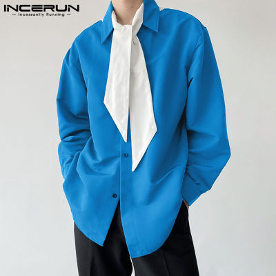 เสื้อหูกระต่ายปะต่อบุคลิกภาพแขนยาวสำหรับผู้ชาย INCERUN เสื้อเชิ้ตลำลองสีฮิต (สไตล์เกาหลี)