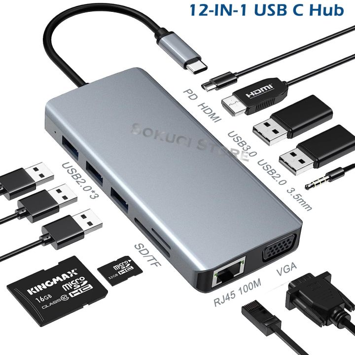 12-9-8ใน1-usb-ชนิด-c-ฮับชนิด-c-c-ถึง4k-hdmi-เข้ากันได้ตัวรับ-vga-rj45-lan-อีเทอร์เน็ตการ์ดความจำ-pd-3-5มม-เสียง-ไมโครโฟนสำหรับ-macbook-pro-feona