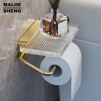 Toilet Paper Holder with Shelf - Wall Mount Bathroom Paper Roll Holder Rustproof Acrylic &amp; Aluminum Toilet Tissue Holder Gold Toilet Roll Holders