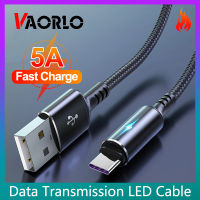 VAORLO 5A USB ชนิด C สายชาร์จเร็วมีอินดิเคเตอร์ LED สายสามารถใส่ได้กับ iPhone โอนข้อมูลแบบถักสำหรับสายชาร์จ USB ขนาดเล็ก