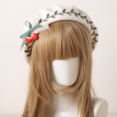 【cw】 lolita hat cute girl cartoon Strawberry bow tie woolen sweet ！