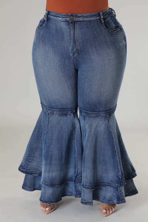 plus-ขนาดกางเกงยีนส์ผู้หญิงลำลองสูงเอว-flare-flared-กางเกงด้านล่าง-ruffled-hem-แฟชั่น-denim-streetwear-ขายส่ง-dropshpping