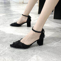 High Heels Shoes2021Autumn New Fashion Korean Style Chunky Heel y Fashion Pointed-Toe Hollowed Single-Layer Shoes