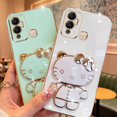 Folding Makeup Mirror Phone Case For Infinix Hot 12 Play NFC Hot 12i X665B X665 X6817B X6816C X6816 X6816D  Case Fashion Cartoon Cute Cat Multifunctional Bracket Plating TPU Soft Cover Casing