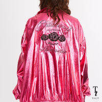 TandT - RUE PINK Jacket - EMBROIDERED METALLIC FOIL BIKER JACKET เสื้อแจ็คเก็ตทรงไบค์เกอร์ โอเวอร์ไซส์ ซิปหน้า ปักด้ายลายกุหลาบกลางหลัง