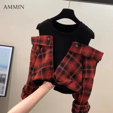 Open shoulder tartan 2024 2 in 1 shirt