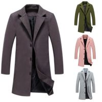 【Ready】Fashion Men Winter Solid Color Long Woolen Coat Single Breasted Jacket Overcoat