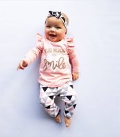 3Pcs Newborn Baby Girl Spring Fall Clothes Set Long Leeve Letter T-Shirt Geometric Pants Headband Infant Girls Clothing Outfits