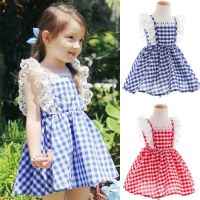 Girls Summer Plaid Dress Children Lace Sleeveless Princess Clothes Ruffles Casual Dress for Holiday Kids Birthday Fancy Dress