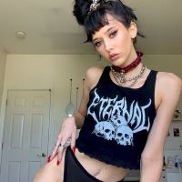 Cropped Top Harajuku Knit Tank Camis Skull Print Kawaii Skinny Black Punk Y2k Streetwear Vest Suspenders Hot Girl Base Clothes