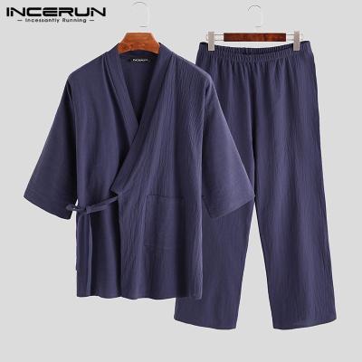 (Homewear) INCERUN ชายชุดนอนยาวกางเกงชุดผ้าฝ้ายญี่ปุ่น Kimono Coat ชุดนอนชุดนอน