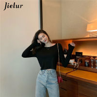 Jielur T Shirt Women Solid Color O-neck Basic Tee Tops Long Sleeve Black Tshirt Camiseta Mujer Spring New Korean Slim T-shirt