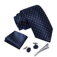 ☄✕☌ Men Polka Dot Navy Blue Hombre Necktie Sets with Hankie Metal Cufflinks Clip Set Shirt Accessories Fit Wedding Performance Tie