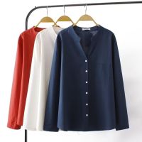 【มีไซส์ใหญ่】Plus Size V-neck Womens Long Sleeved Mushlimah Fashion Spring Autumn Blouses Solid Color Button Up A-line Female Tops