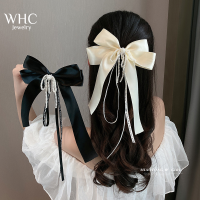 WHC Jewelry ใหม่ผ้าไหมโบว์มุกพู่กิ๊บแฟชั่นกิ๊บขนาดใหญ่สำหรับผู้หญิง