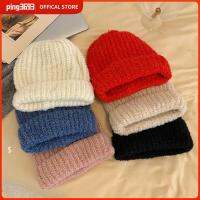 PING3693 หนาขึ้น หมวกถักนิตติ้ง เก็บความอบอุ่น หมวกบีนนี่ มีสไตล์ หมวก skullcap ฤดูหนาวในฤดูหนาว