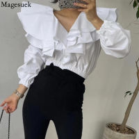 Korean Fashion Big Lapel Womens Shirt Long Sleeve Casual Sexy Crop Tops Pleated Ruffle Autumn Blouse Women Pink Blusas 17296