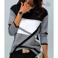 Women Winter Cotton T Shirt Geometric Contrast Long Full Sleeve Printed Loose Shirts Top Spring Autumn Elegant Lady Tops S-5XL