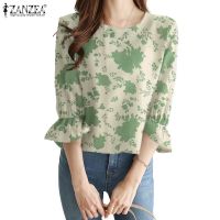 COD dhdfxcz ZANZEA Women Casual Daily Puff 3/4 Sleeve Ruffle Cuff Round Neck Printed Blouse