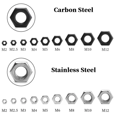 10/50pcs Hex Hexagon Nuts Stainless Steel/Black Carbon Steel Metric Hexagon Hex Nut Locknut M2 M3 M4 M5 M6 M8 M10 M12