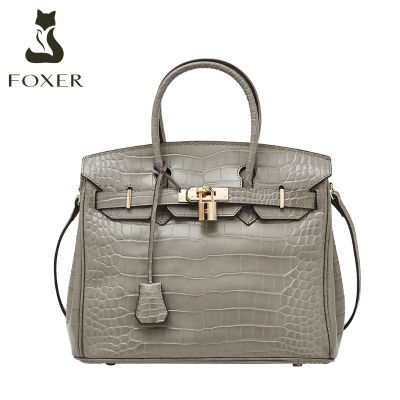 FOXER กระเป๋าหนังแตกผู้หญิง,กระเป๋าแมสเซ็นเจอร์สะพายไหล่จระเข้กระเป๋าถือคุณภาพสูงหรูหรากระเป๋ามือจับด้านบน