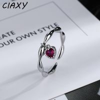 CIAXY 925 Stamp Opening Wave Rings for Women French Style Small Pendant Rose Red Zircon Heart Ring Silver Color Fashion Jewelry