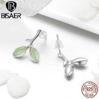 BISAER Authentic 925 Sterling Silver Tree Leaves Tree Leaf Buds Stud Earrings For Women Plant Fashion Earrings Jewelry ECE465TH