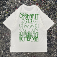 CARHARTT WIP Carhart เรียบง่ายเป็นที่นิยมคาร์โกคาร์สีเขียวทึบพิมพ์ตัวอักษรคู่เสื้อลำลองแขนสั้น