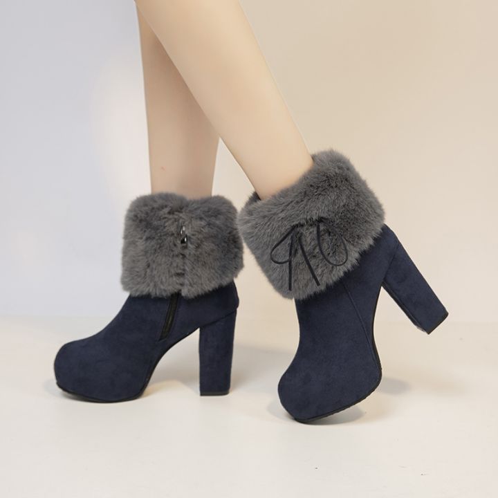 รองเท้ารองเท้าส้นสูงผู้หญิงใหม่2022ฤดูหนาว-รองเท้าบูทหิมะหนังวัวกันลื่นกันหนาวรองเท้าแฟชั่นดีไซน์เนอร์คริสตัล-goth-plush