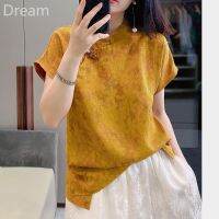 Womens short-sleeved short-sleeved shirt with new Chinese silk plate buckle V729