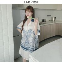 --SY23726❀♛ womens ghtdress iatn silk simple casl loose large size fat sister home clot can be worn outse