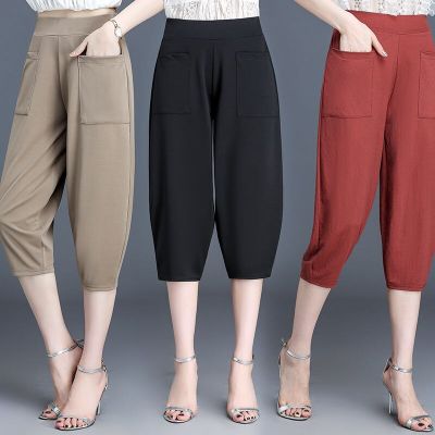 กางเกงสตรีเอวสูงยางยืดลำลองขนาดบวกและแข็งคร็อปแพนท์สำหรับผู้หญิงกางเกงฤดูร้อนใหม่สไตล์เกาหลี