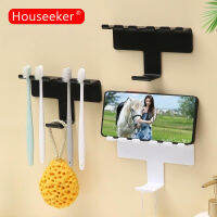 Houseeker ที่ใส่แปรงสีฟัน5ช่องพร้อมตะขอแขวนผนังชั้นเก็บแปรงสีฟันที่จับโทรศัพท์มือถือชั้นที่บีบยาสีฟัน