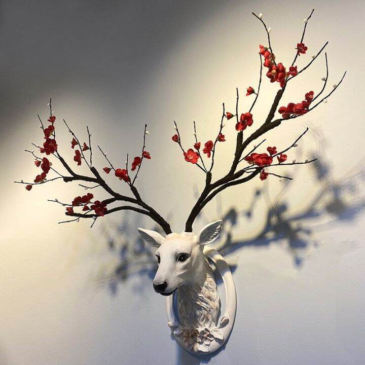 Wall Decor 3D Deer Head With Flower Antler Sculpture Modern Animal Head