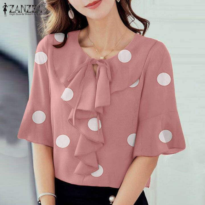 Zanzea Korean Style Womens Formal Office Blouse Tops Casual Polka Dots Ruffle Lace Up Loose 5473